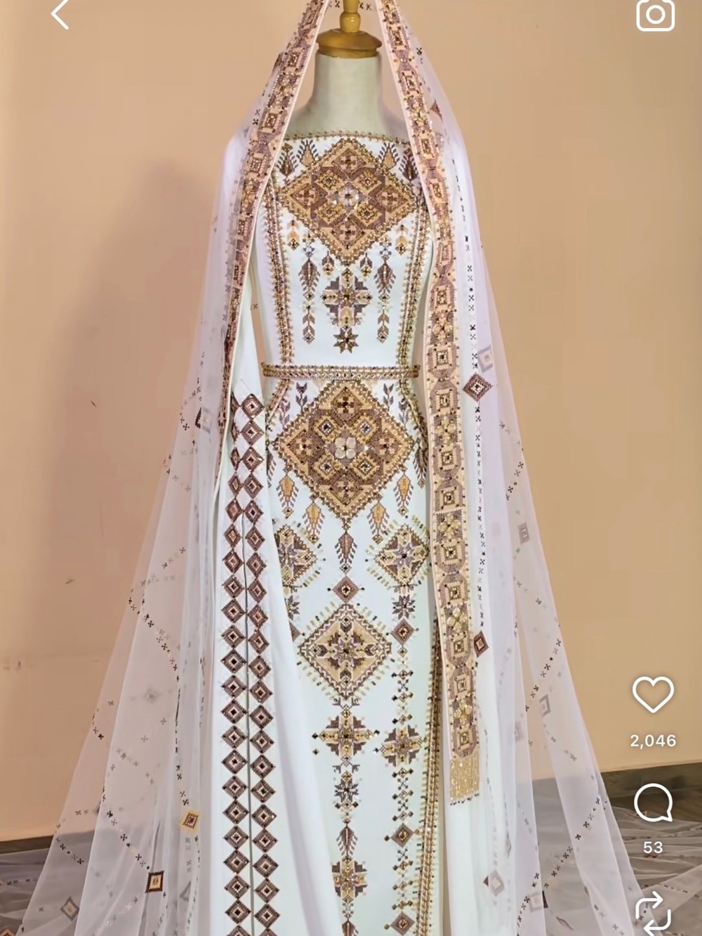 White Long-Sleeve Embroidered Maxi Dress with Gold Accents